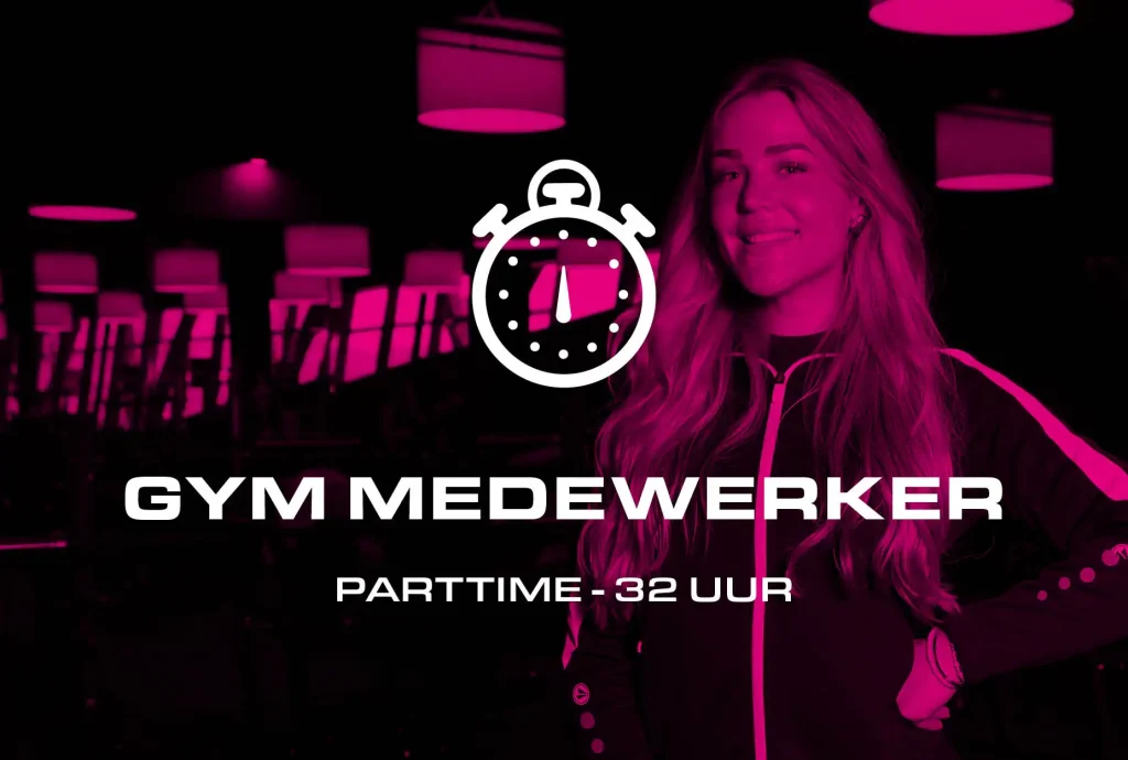 Recruitment poster showing a smiling woman in magenta-lit gym lighting with a white stopwatch icon overlay and the text 'GYM MEDWERKER'.